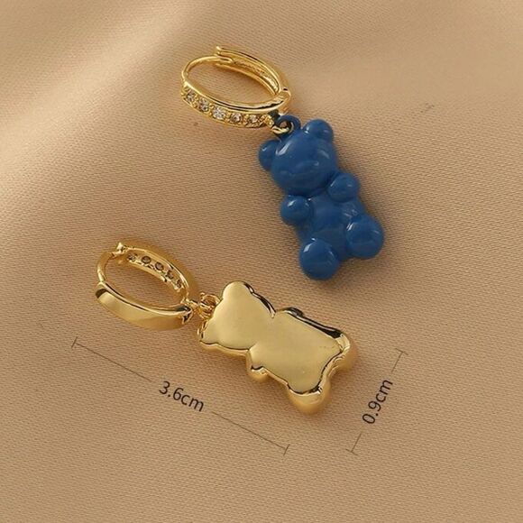 Kawaii Pastel Goth Gold Overlay Rhinestone Hoop Mismatched Teddy Bear Earrings - Picture 2 of 4